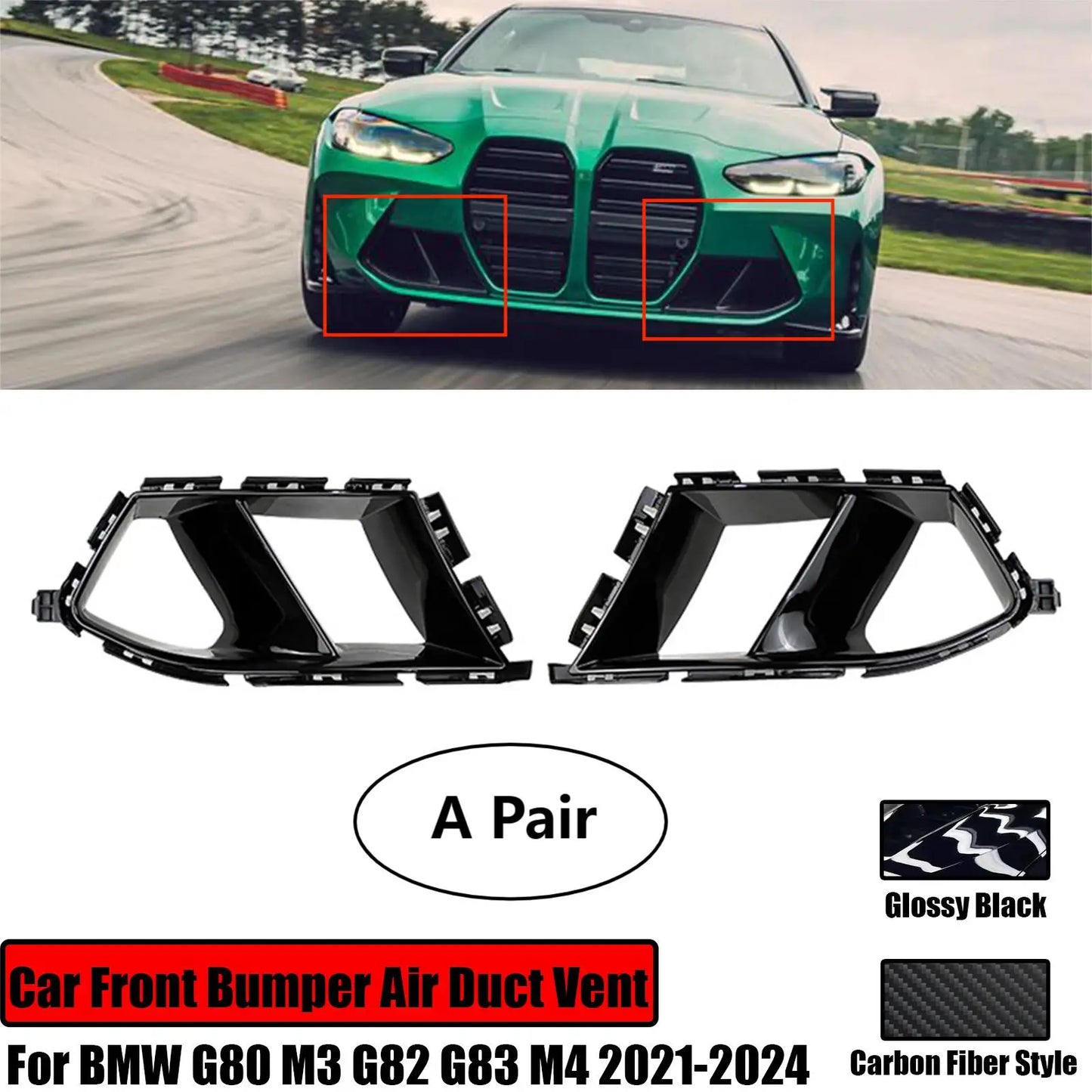 Car Front Bumper Side Air Vent Cover 2PCS Fog Light Cover Carbon Fiber Look Glossy Black For BMW G80 M3 G82 G83 M4 2021-2024